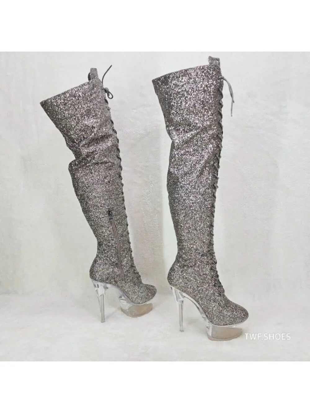 Bulls Silver Glitter Lace Up OTK Platform High Heel Thigh Boot